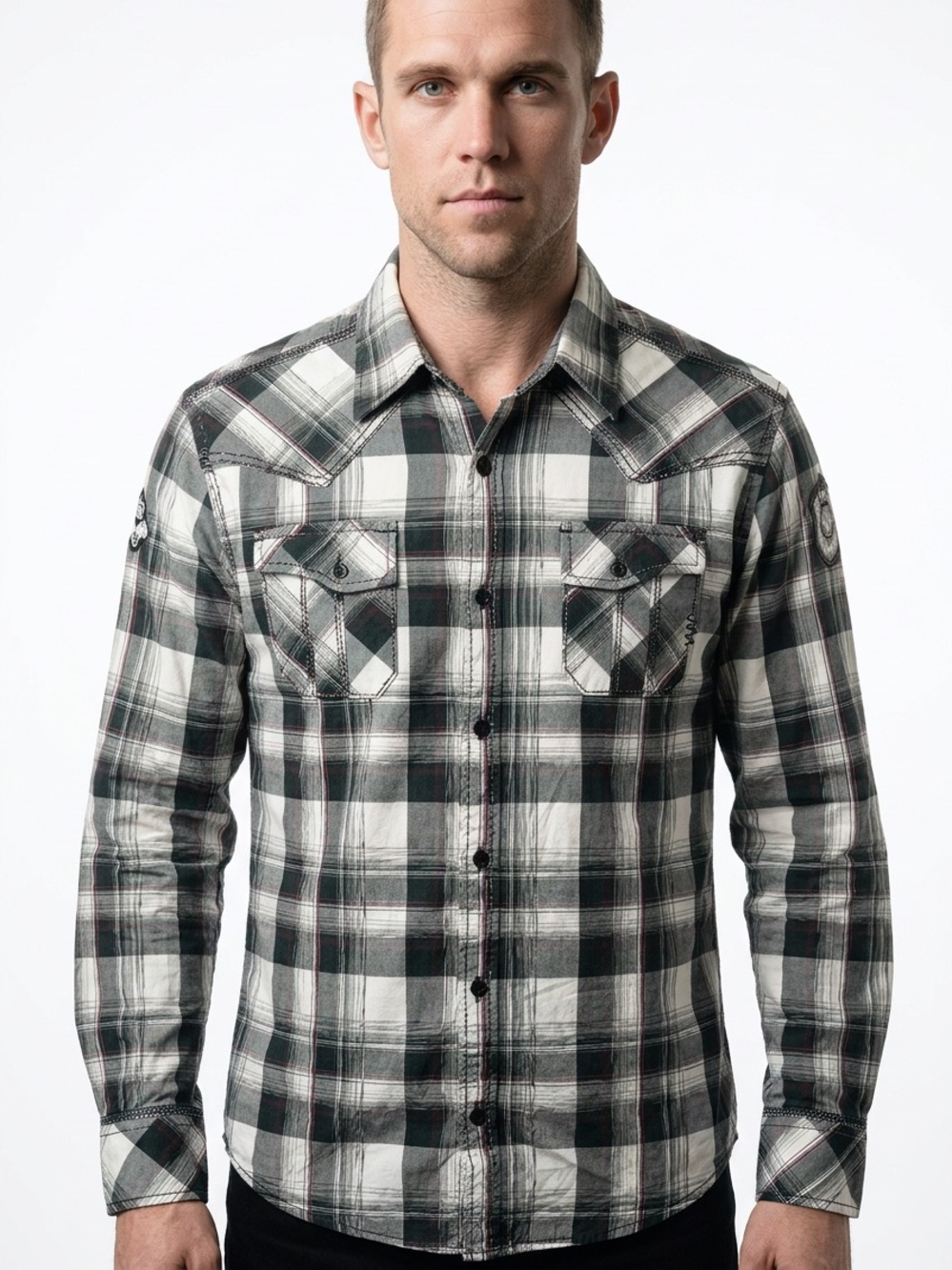 BKE • Men’s Plaid Western Embroidered Patch Button Down Shirt Large